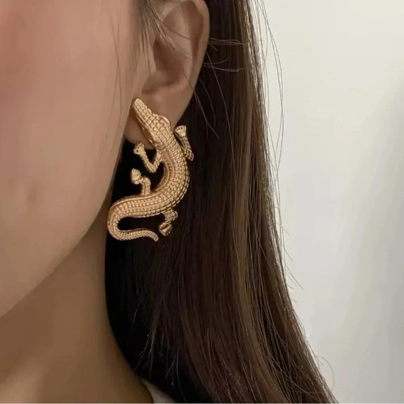 Alligator Gold Textured Statement Earrings - Picture 11 of 16